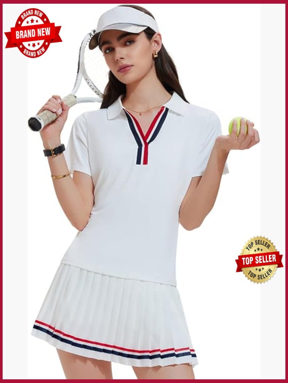 Women Pleated Tennis Skirt Set 2 Piece Polo V-Neck Skort with Pockets for Golf